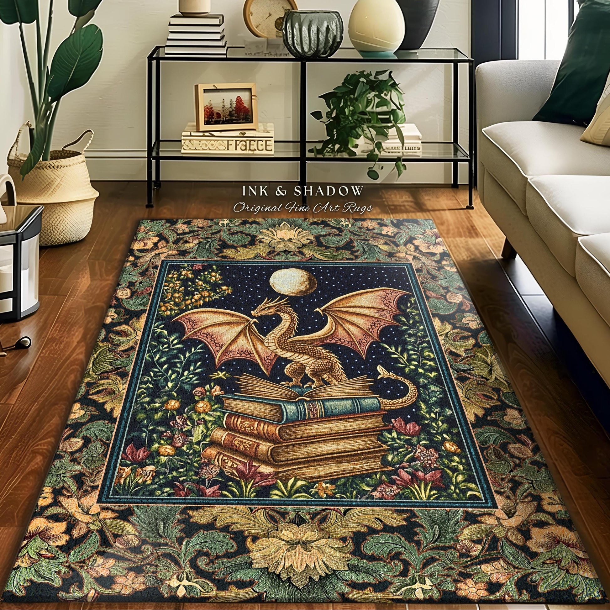Medieval Library Mystic Dragon Rug | Ethereal Victorian Floral Rug for Book Nook Woodland Fairytale Dark Academia Folklore Style Bedroom |