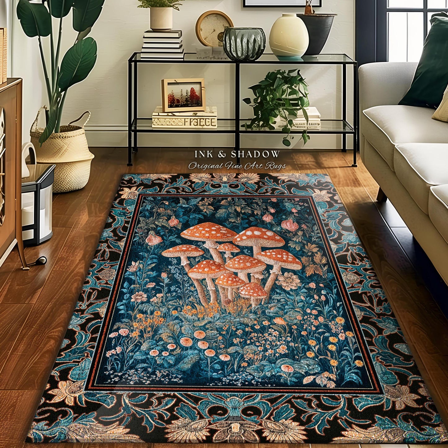 Mystic Forest Fungi Accent Rug | Maximalist Aesthetic Whimsical Mushroom Bedroom Decor Fairycore Area Rug Cute Housewarming Gift Bohemian |