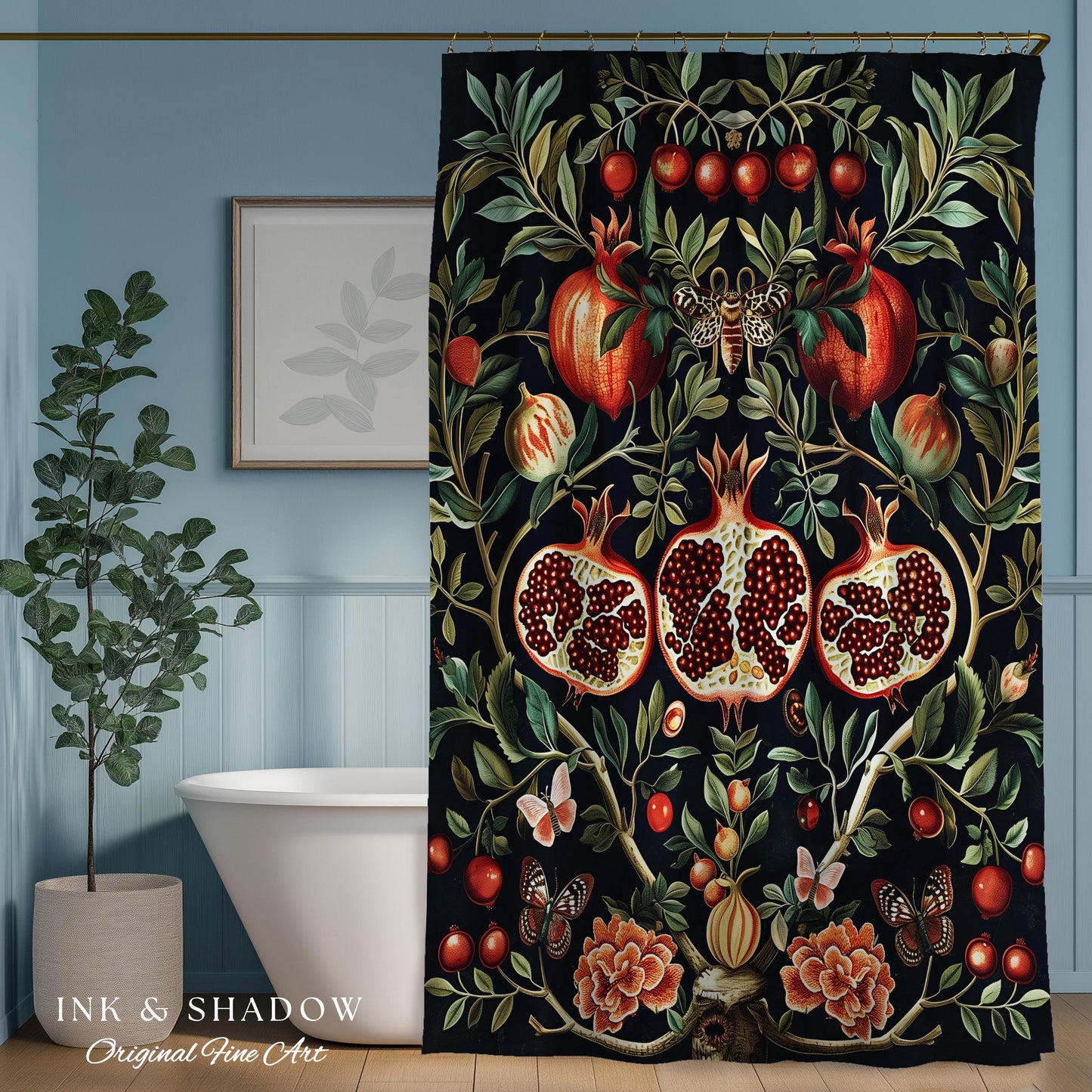 Botanical Pomegranate Shower Curtain Enchanted Floral Whimsigothic | Dark Academia Woodland Gothic Vintage Cottagegoth Bathroom Occult Decor
