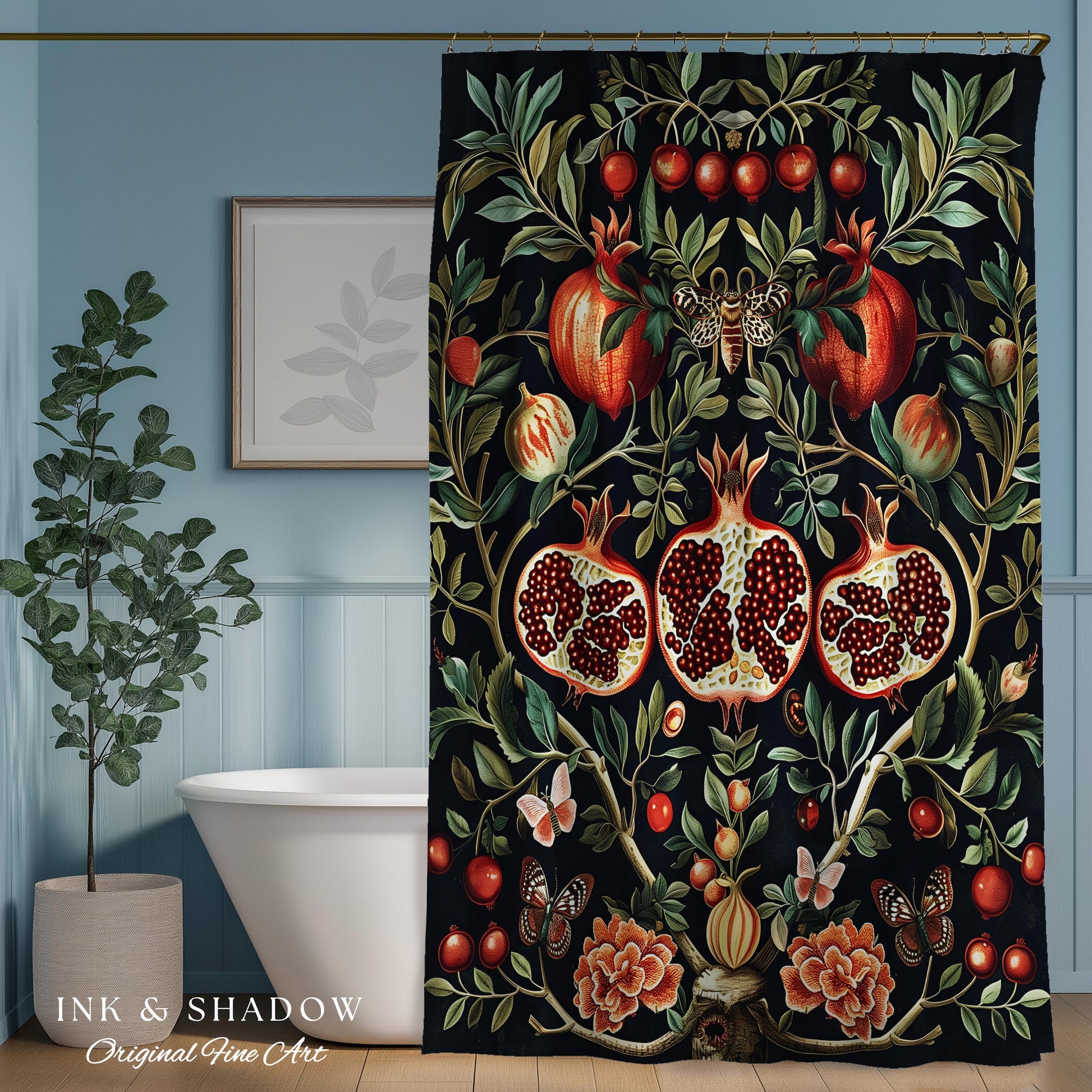 Botanical Pomegranate Shower Curtain Enchanted Floral Whimsigothic | Dark Academia Woodland Gothic Vintage Cottagegoth Bathroom Occult Decor