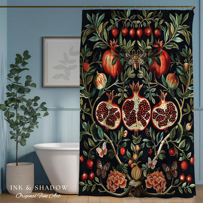 Botanical Pomegranate Shower Curtain Enchanted Floral Whimsigothic | Dark Academia Woodland Gothic Vintage Cottagegoth Bathroom Occult Decor