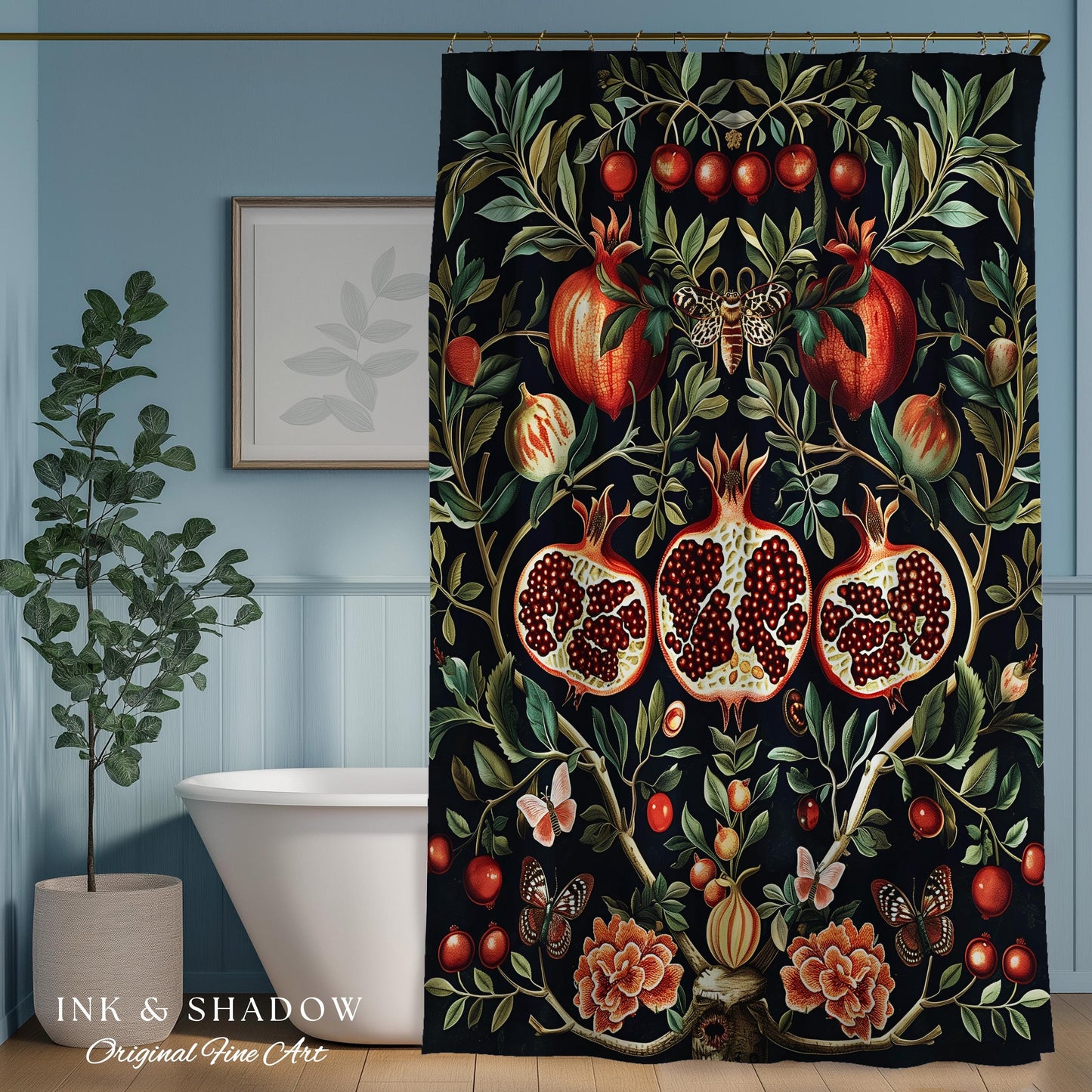 Botanical Pomegranate Shower Curtain Enchanted Floral Whimsigothic | Dark Academia Woodland Gothic Vintage Cottagegoth Bathroom Occult Decor
