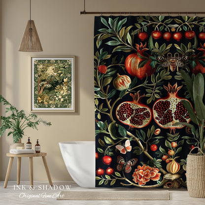 Botanical Pomegranate Shower Curtain Enchanted Floral Whimsigothic | Dark Academia Woodland Gothic Vintage Cottagegoth Bathroom Occult Decor