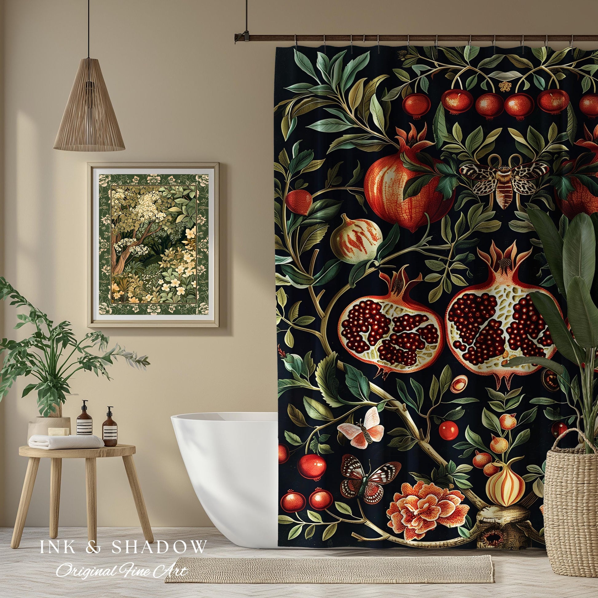 Botanical Pomegranate Shower Curtain Enchanted Floral Whimsigothic | Dark Academia Woodland Gothic Vintage Cottagegoth Bathroom Occult Decor
