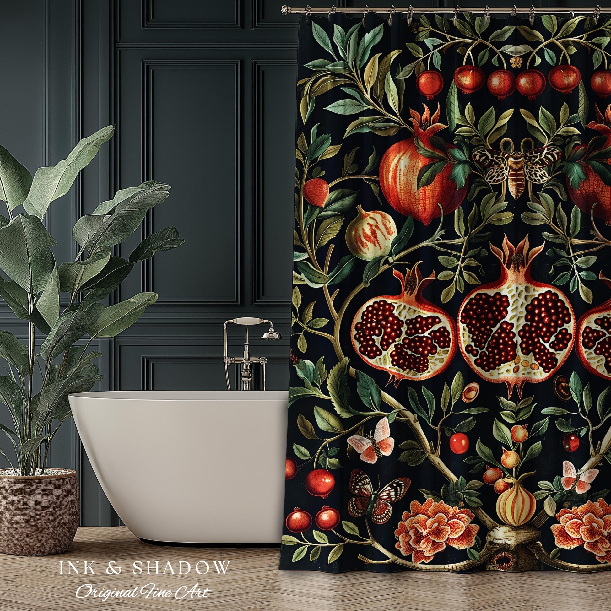 Botanical Pomegranate Shower Curtain Enchanted Floral Whimsigothic | Dark Academia Woodland Gothic Vintage Cottagegoth Bathroom Occult Decor