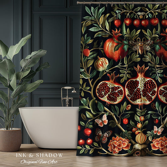Botanical Pomegranate Shower Curtain Enchanted Floral Whimsigothic | Dark Academia Woodland Gothic Vintage Cottagegoth Bathroom Occult Decor