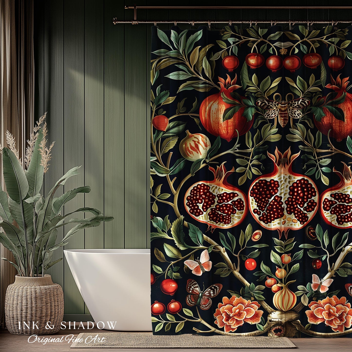 Botanical Pomegranate Shower Curtain Enchanted Floral Whimsigothic | Dark Academia Woodland Gothic Vintage Cottagegoth Bathroom Occult Decor