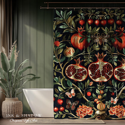 Botanical Pomegranate Shower Curtain Enchanted Floral Whimsigothic | Dark Academia Woodland Gothic Vintage Cottagegoth Bathroom Occult Decor
