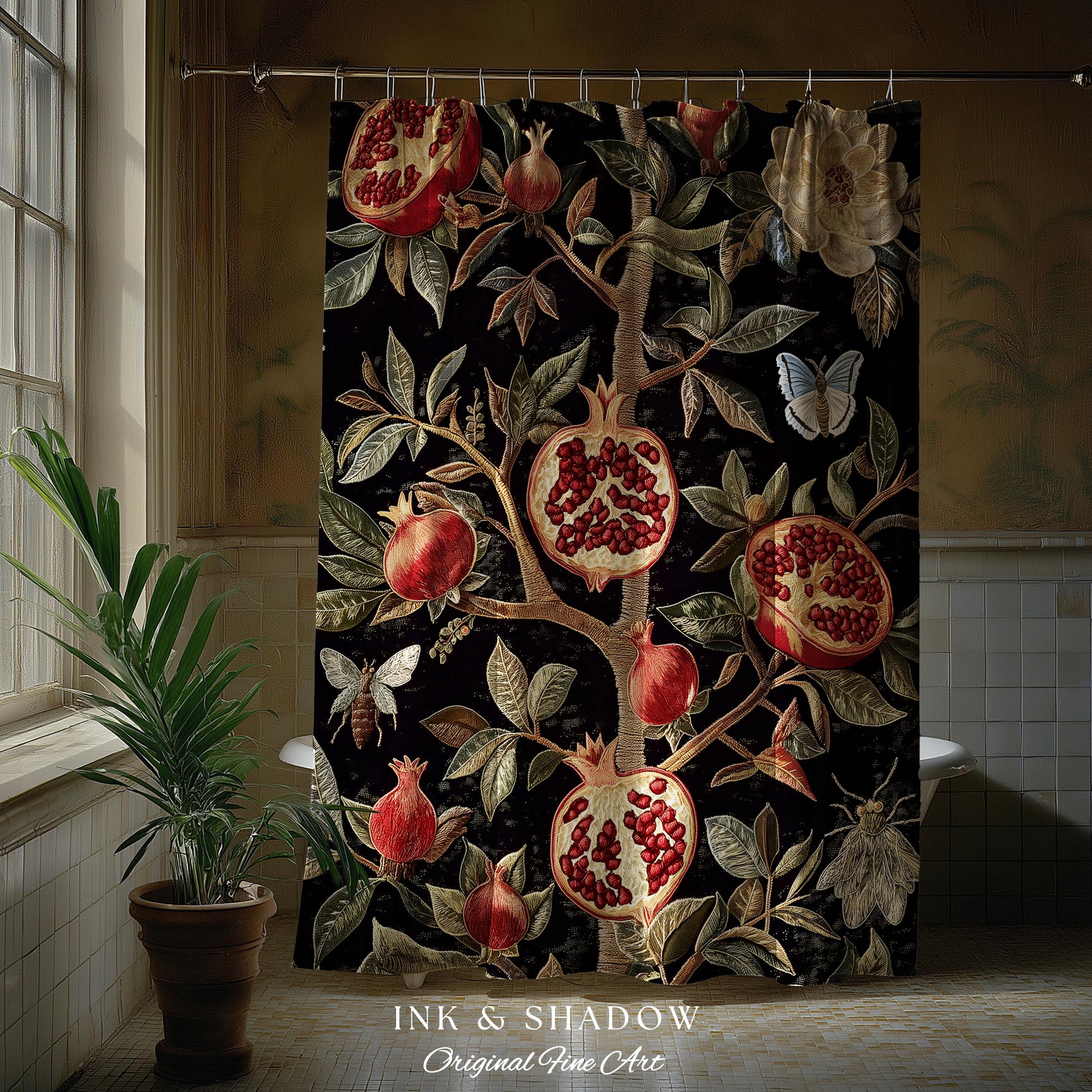 Gothic Pomegranate Shower Curtains Mystical Botanical | Baroque Inspired Dark Academia Floral Butterfly Fruit Whimsigothic Bathroom Decor |
