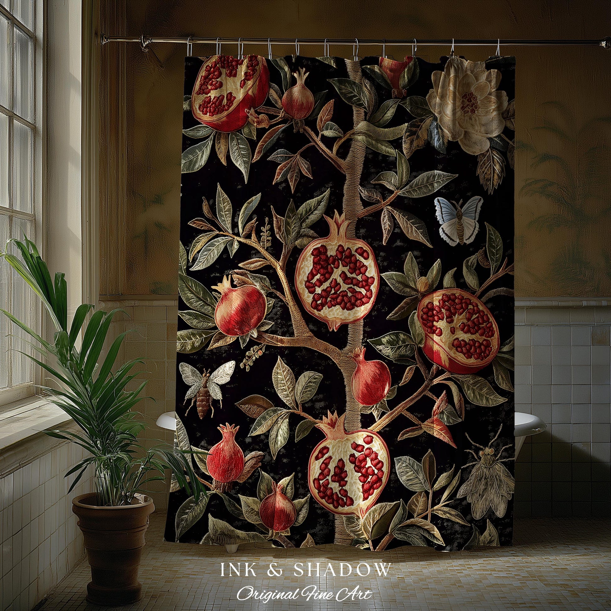 Gothic Pomegranate Shower Curtains Mystical Botanical | Baroque Inspired Dark Academia Floral Butterfly Fruit Whimsigothic Bathroom Decor |