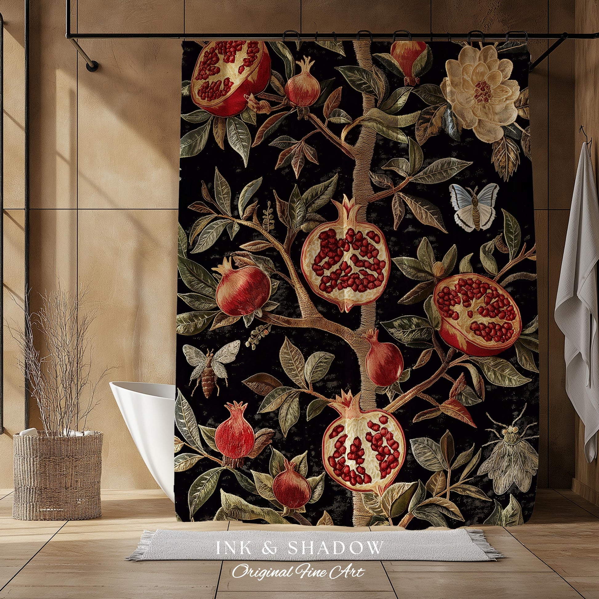 Gothic Pomegranate Shower Curtains Mystical Botanical | Baroque Inspired Dark Academia Floral Butterfly Fruit Whimsigothic Bathroom Decor |
