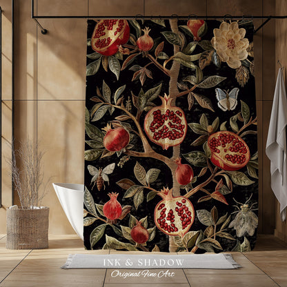 Gothic Pomegranate Shower Curtains Mystical Botanical | Baroque Inspired Dark Academia Floral Butterfly Fruit Whimsigothic Bathroom Decor |