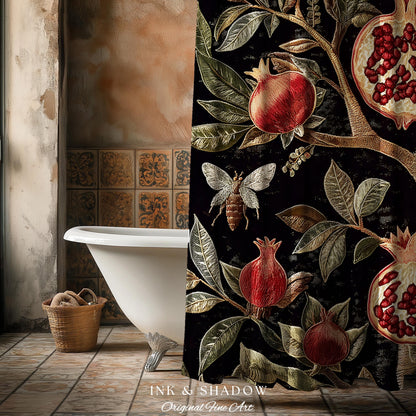 Gothic Pomegranate Shower Curtains Mystical Botanical | Baroque Inspired Dark Academia Floral Butterfly Fruit Whimsigothic Bathroom Decor |