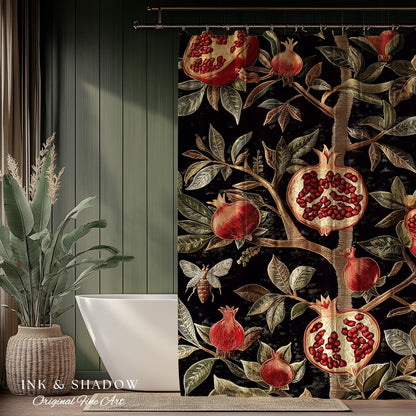 Gothic Pomegranate Shower Curtains Mystical Botanical | Baroque Inspired Dark Academia Floral Butterfly Fruit Whimsigothic Bathroom Decor |