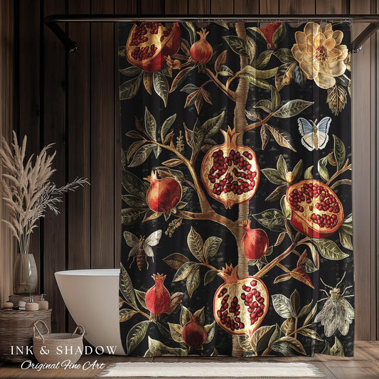 Gothic Pomegranate Shower Curtains Mystical Botanical | Baroque Inspired Dark Academia Floral Butterfly Fruit Whimsigothic Bathroom Decor |
