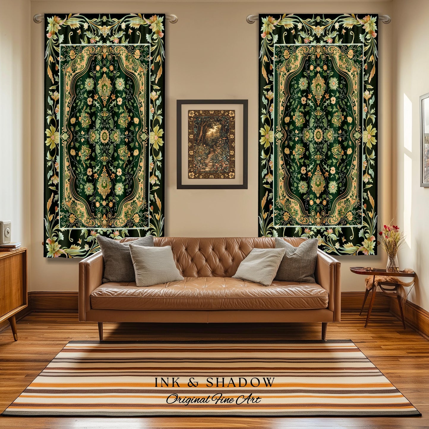 Ornate Emerald Green Curtains | Bohemian Style Cottagecore Drapes Hippie Aesthetic Forest Green Detail Vibrant Color Bedroom Decor Retro |