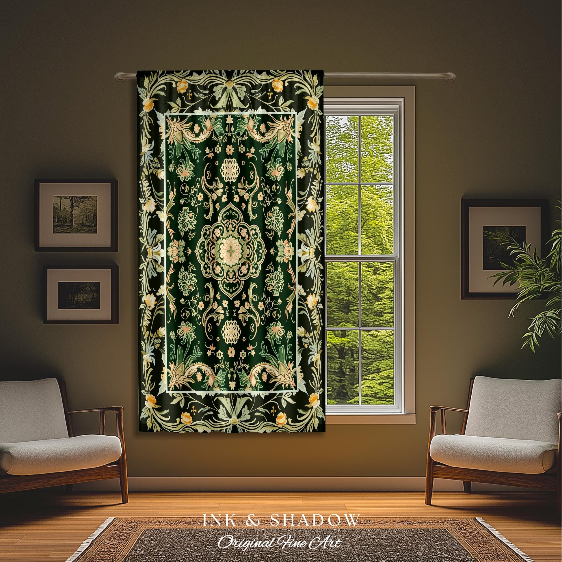 Emerald Window Curtains for Living Room | Classic Ornate Drapes with Green Detail Peachy Accent Bohemian Aesthetic for Cozy Reading Nook |