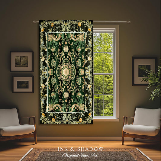 Emerald Window Curtains for Living Room | Classic Ornate Drapes with Green Detail Peachy Accent Bohemian Aesthetic for Cozy Reading Nook |