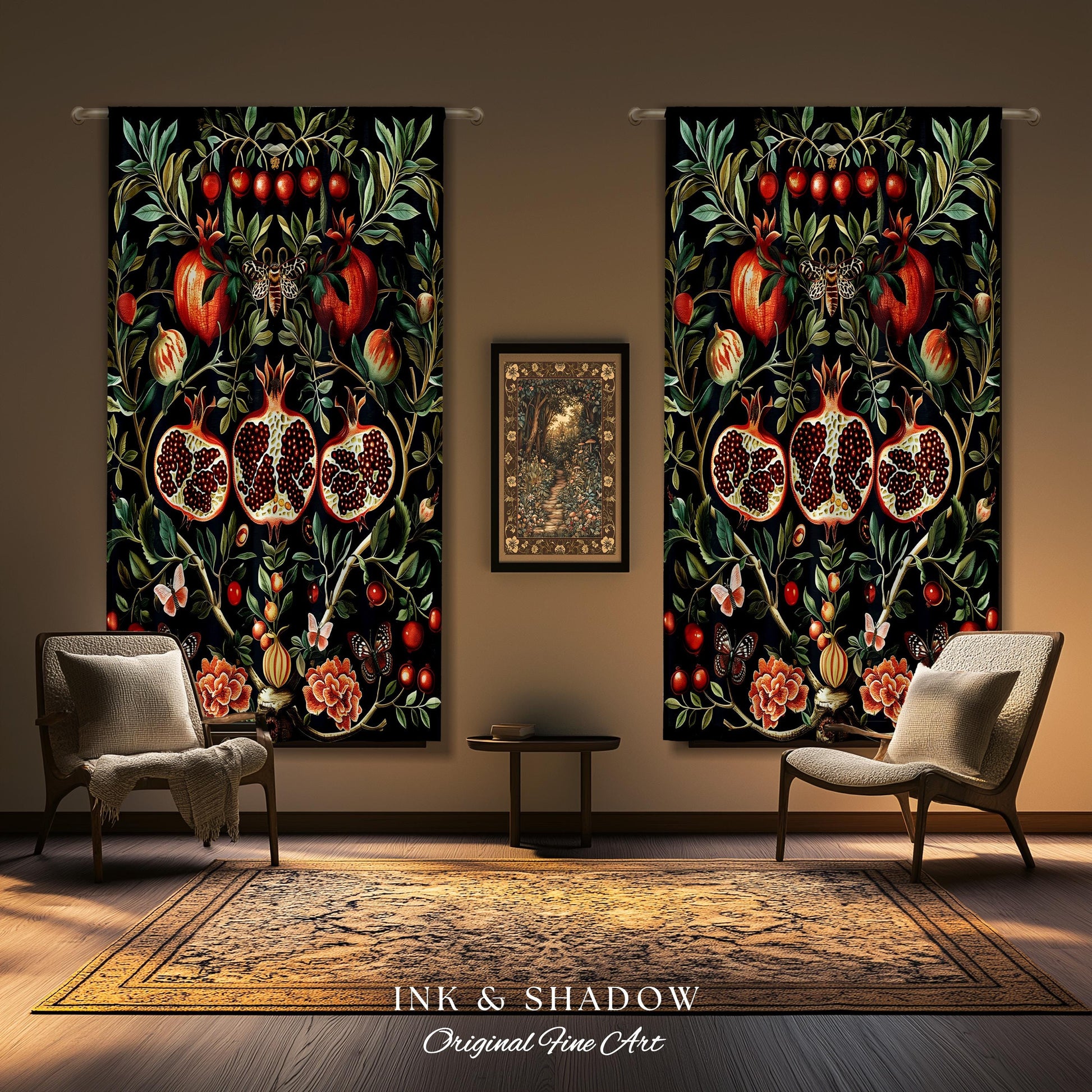 Botanical Pomegranate Drapes Enchanted Floral Whimsigothic Curtains | Dark Academia Woodland Gothic Vintage Cottagegoth Style Occult Decor