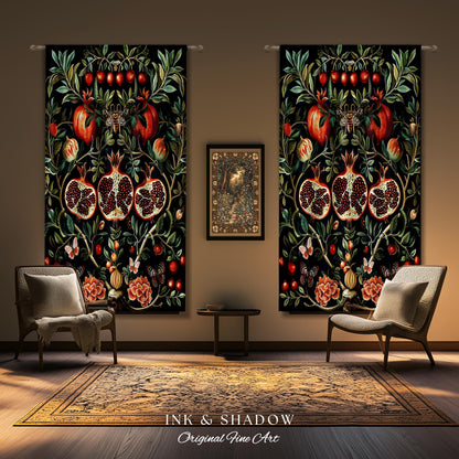 Botanical Pomegranate Drapes Enchanted Floral Whimsigothic Curtains | Dark Academia Woodland Gothic Vintage Cottagegoth Style Occult Decor