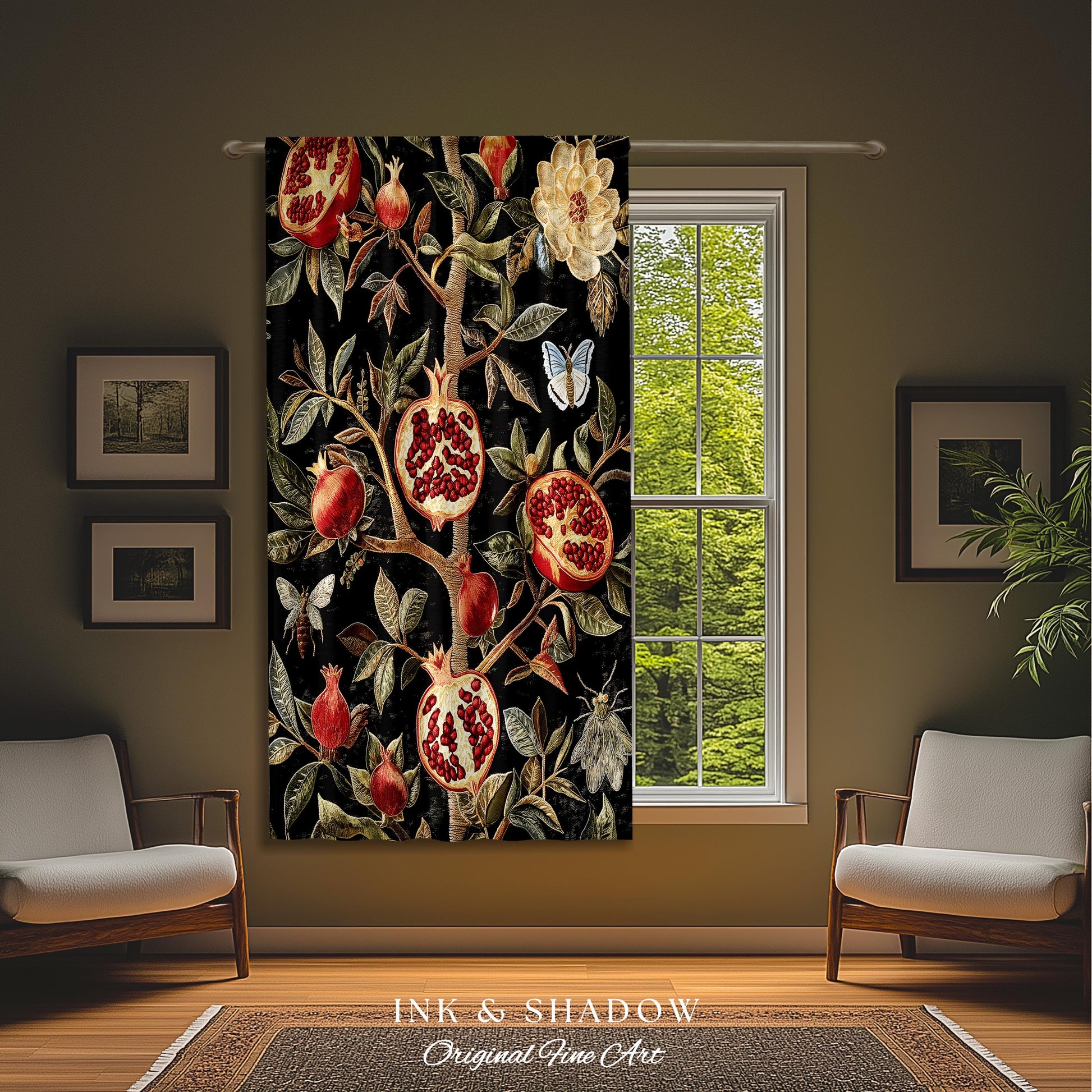 Gothic Pomegranate Curtains Mystical Botanical Drapes | Baroque Inspired Dark Academia Floral Butterfly Fruit Whimsigothic Window Decor |