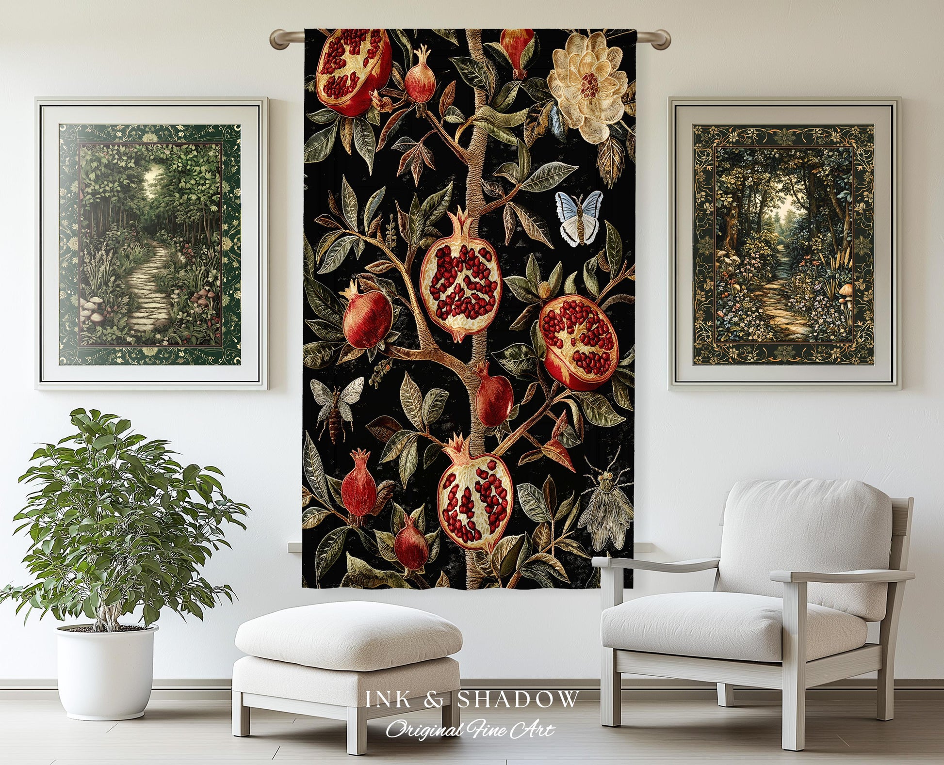 Gothic Pomegranate Curtains Mystical Botanical Drapes | Baroque Inspired Dark Academia Floral Butterfly Fruit Whimsigothic Window Decor |