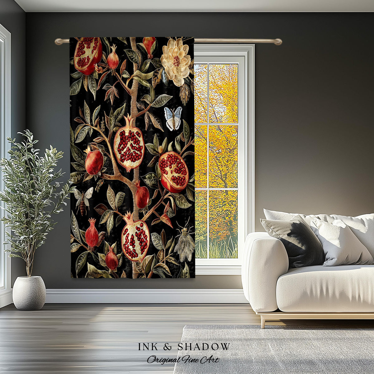 Gothic Pomegranate Curtains Mystical Botanical Drapes | Baroque Inspired Dark Academia Floral Butterfly Fruit Whimsigothic Window Decor |