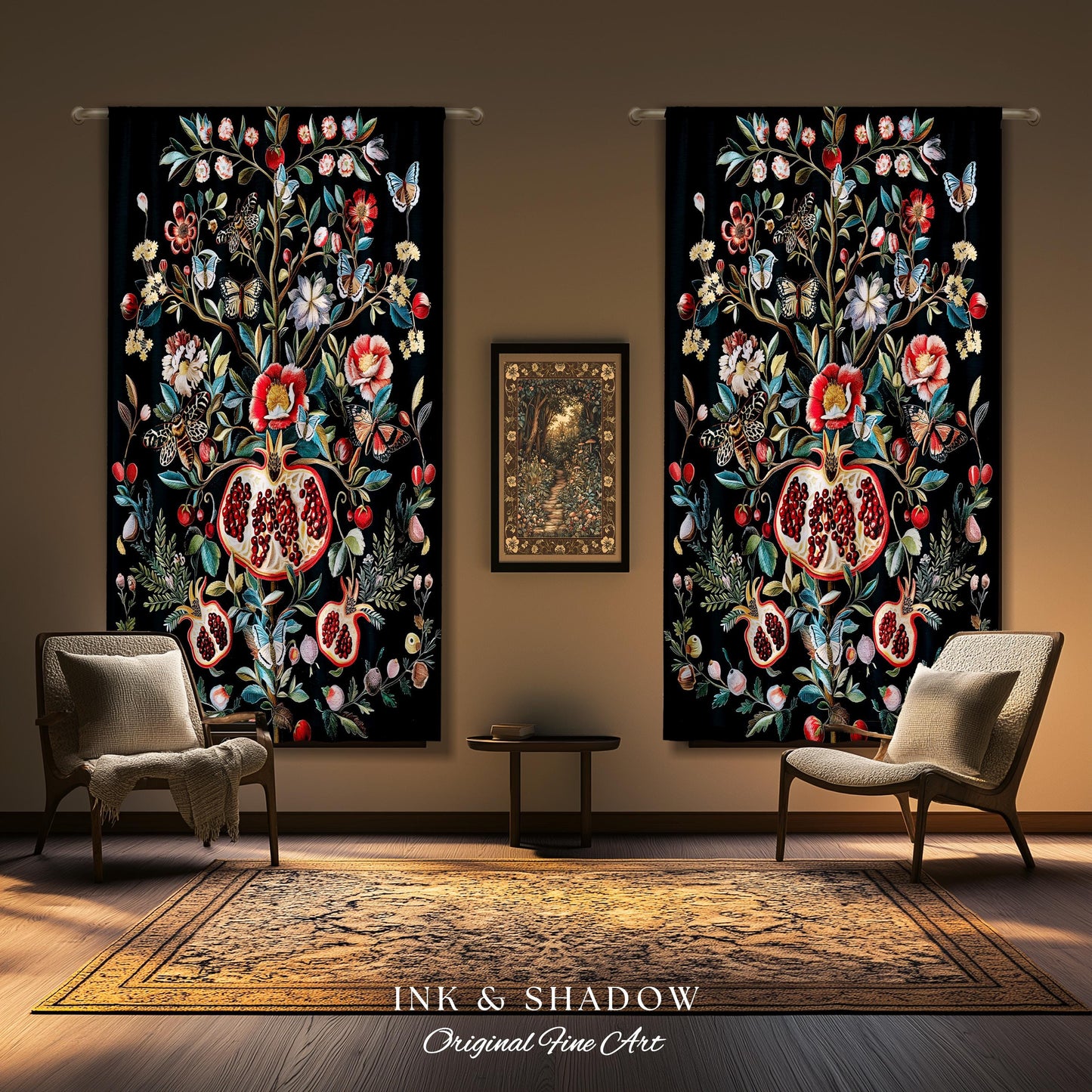 Fairycore Pomegranate Curtains Enchanted Woodland Drapes | Whimsical Cottagecore Butterfly Moth Vintage Aesthetic Dark Floral Decor Gothic |