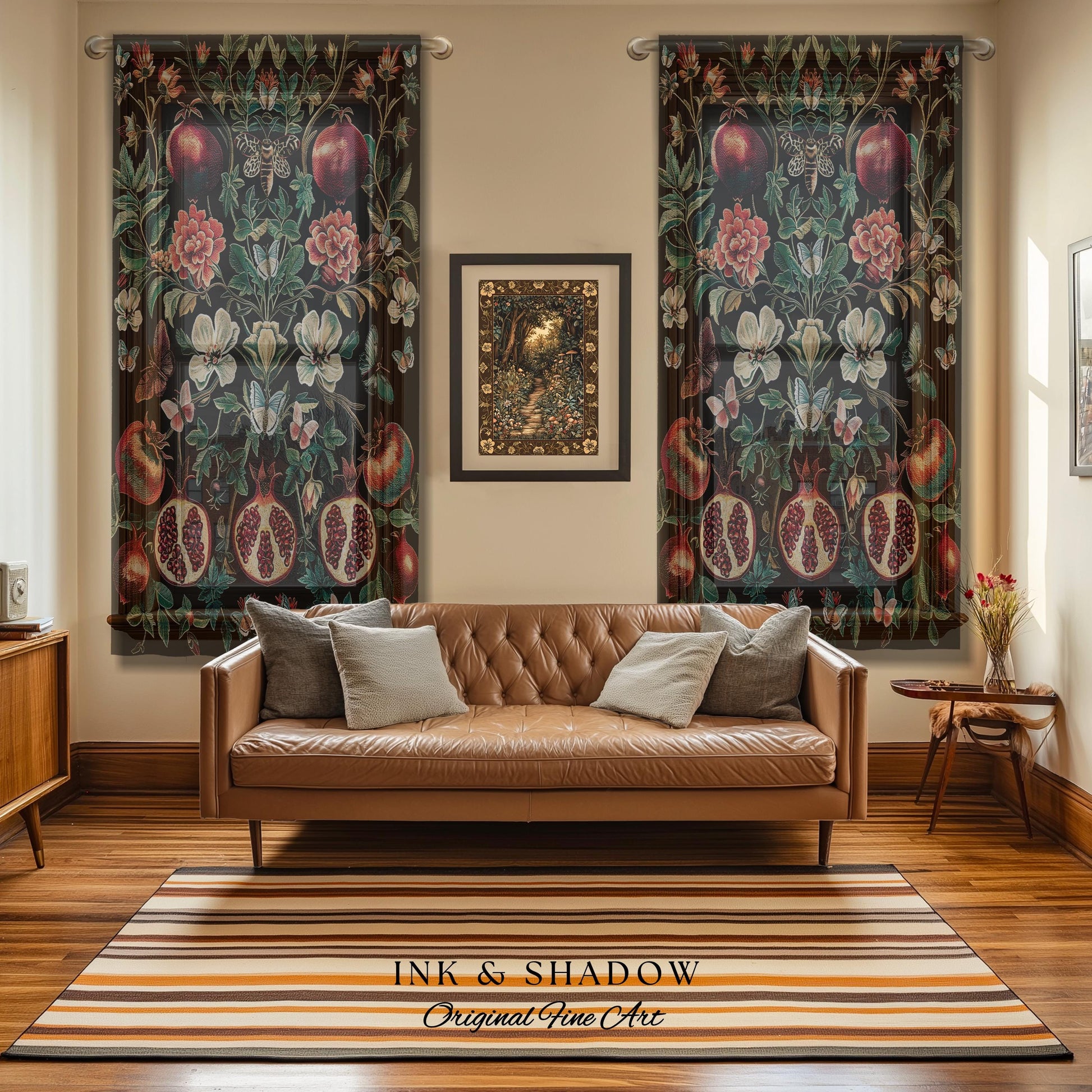 Ethereal Pomegranate Curtain Enchanted Botanical Drapes | Baroque Inspired Dark Academia Butterfly Moth Gothic Floral Fruit Decor Botanical