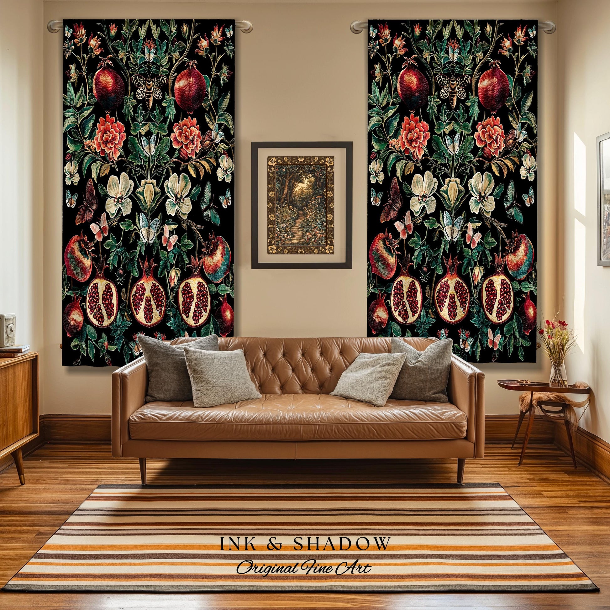 Ethereal Pomegranate Curtain Enchanted Botanical Drapes | Baroque Inspired Dark Academia Butterfly Moth Gothic Floral Fruit Decor Botanical