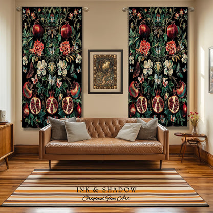 Ethereal Pomegranate Curtain Enchanted Botanical Drapes | Baroque Inspired Dark Academia Butterfly Moth Gothic Floral Fruit Decor Botanical