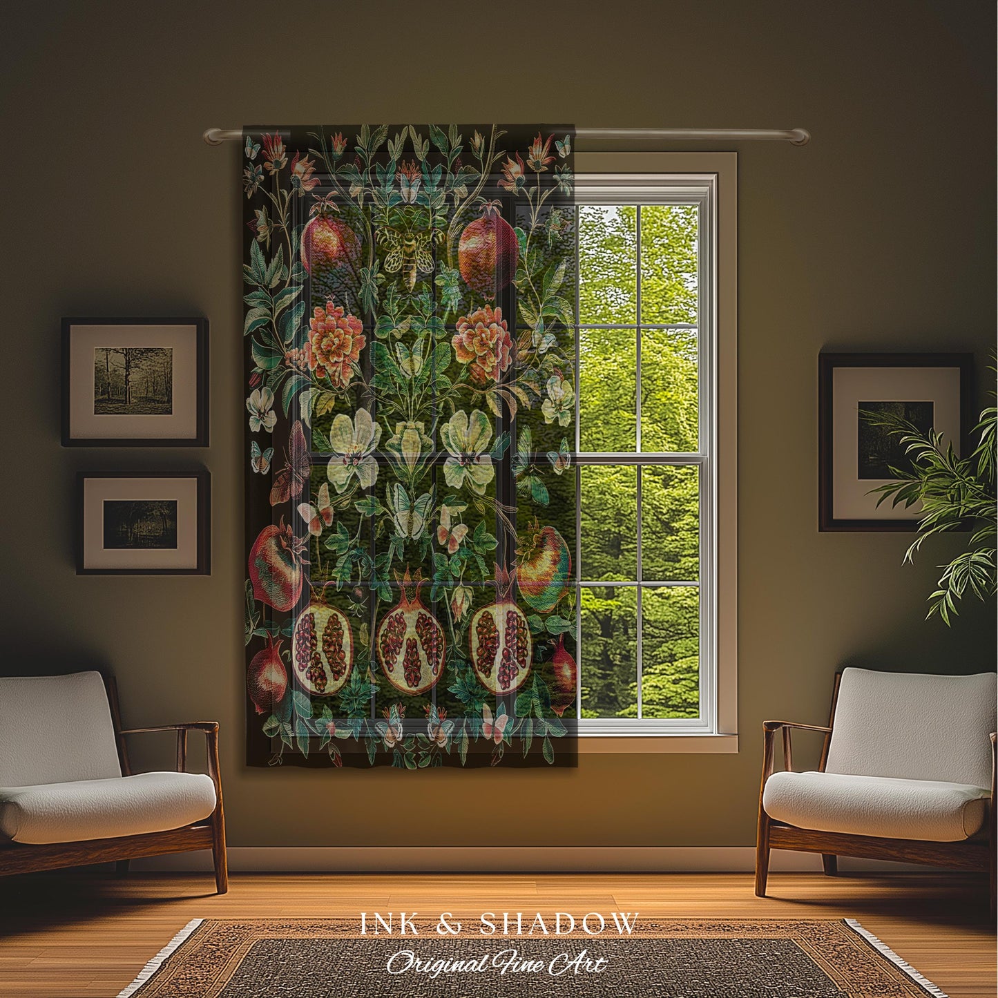 Ethereal Pomegranate Curtain Enchanted Botanical Drapes | Baroque Inspired Dark Academia Butterfly Moth Gothic Floral Fruit Decor Botanical