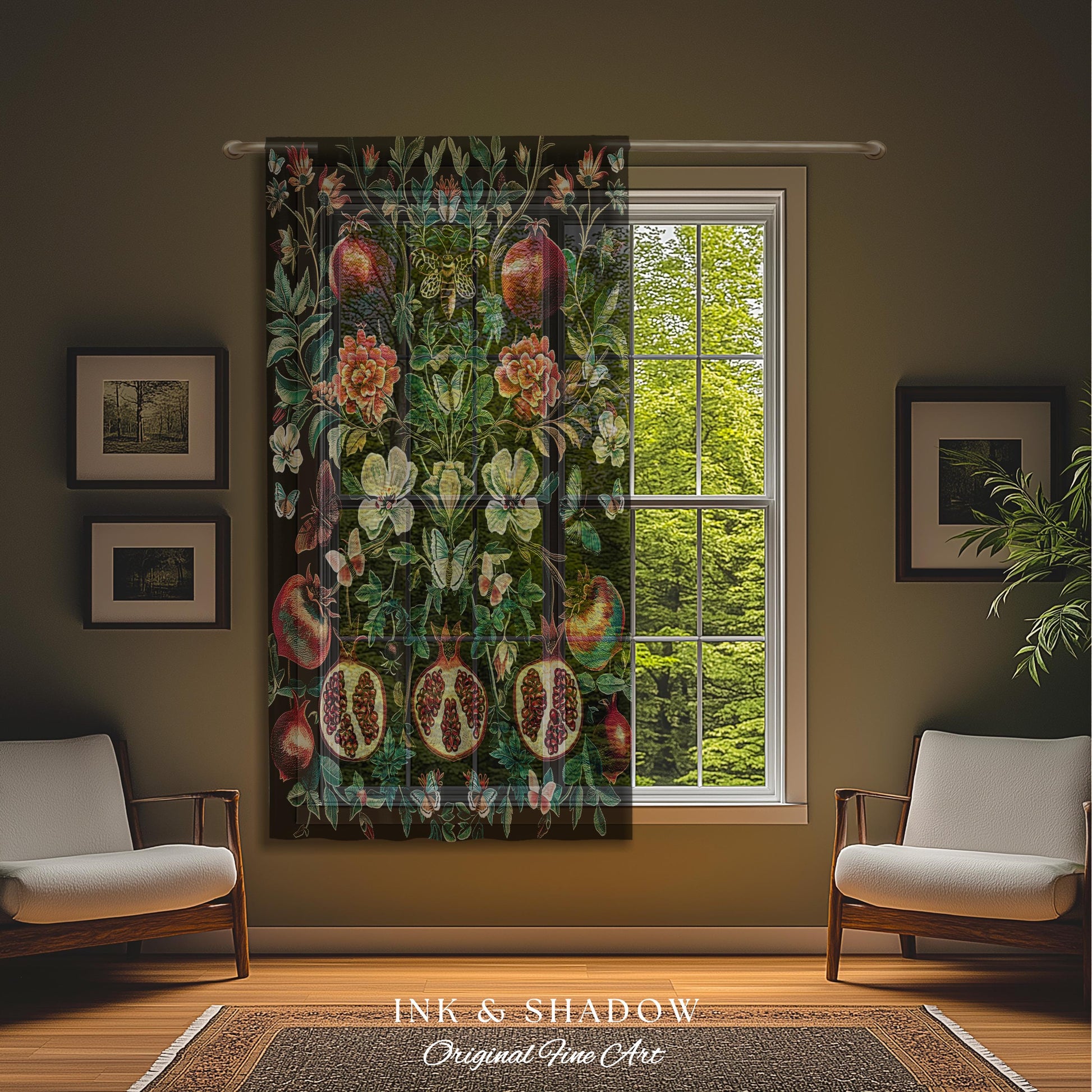 Ethereal Pomegranate Curtain Enchanted Botanical Drapes | Baroque Inspired Dark Academia Butterfly Moth Gothic Floral Fruit Decor Botanical