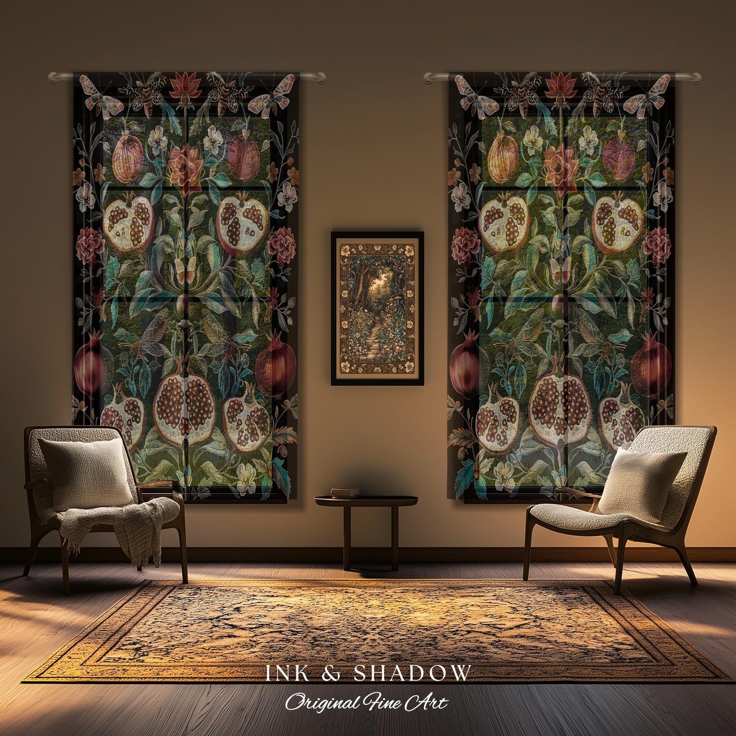 Woodland Gothic Pomegranate Botanical Curtain Enchanted Forest Nature Decor | Romantic Baroque Whimsical Floral Cottagecore Drapes Eclectic