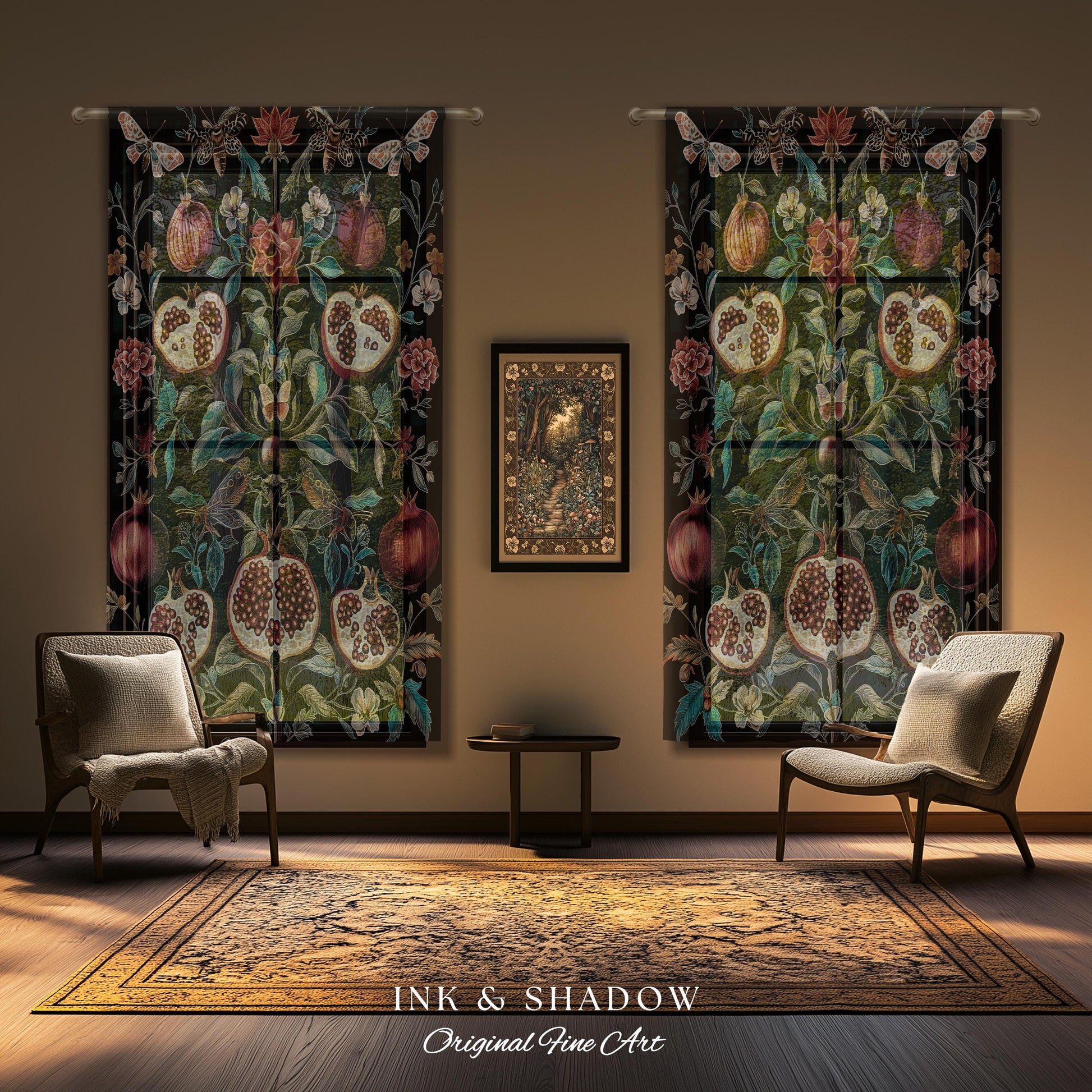 Woodland Gothic Pomegranate Botanical Curtain Enchanted Forest Nature Decor | Romantic Baroque Whimsical Floral Cottagecore Drapes Eclectic