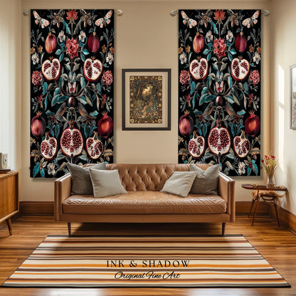 Woodland Gothic Pomegranate Botanical Curtain Enchanted Forest Nature Decor | Romantic Baroque Whimsical Floral Cottagecore Drapes Eclectic
