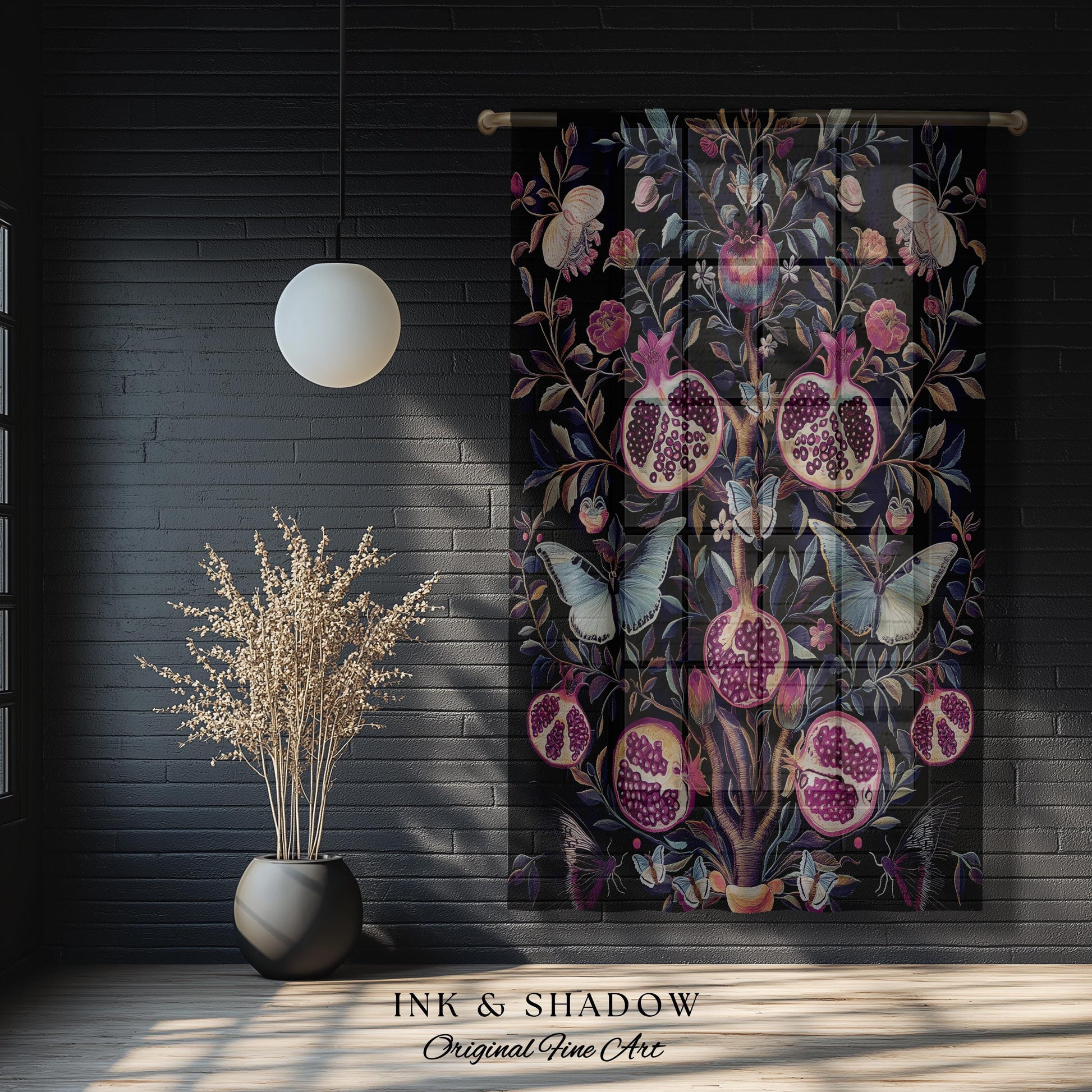 Whimsical Pomegranate Curtain Enchanted Woodland | Dark Academia Vintage Floral Aesthetic Butterfly Art Ethereal Decor Colorful Drapes Boho