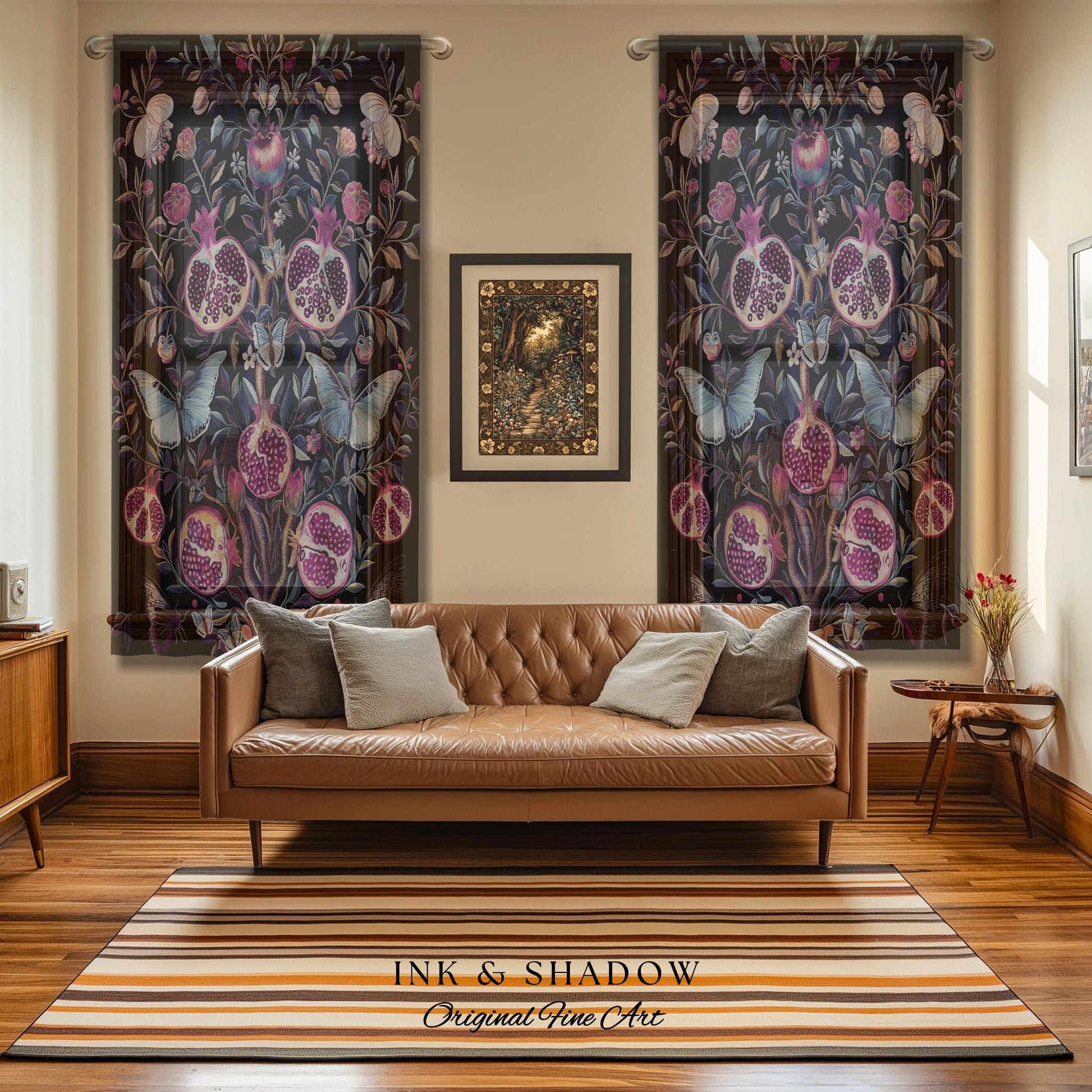 Whimsical Pomegranate Curtain Enchanted Woodland | Dark Academia Vintage Floral Aesthetic Butterfly Art Ethereal Decor Colorful Drapes Boho