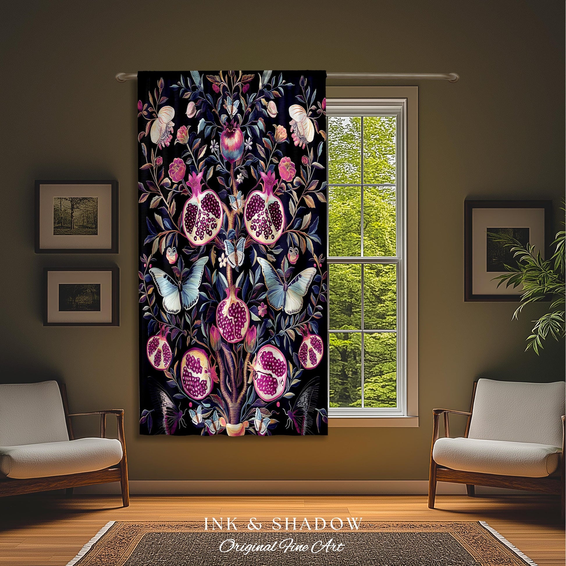 Whimsical Pomegranate Curtain Enchanted Woodland | Dark Academia Vintage Floral Aesthetic Butterfly Art Ethereal Decor Colorful Drapes Boho