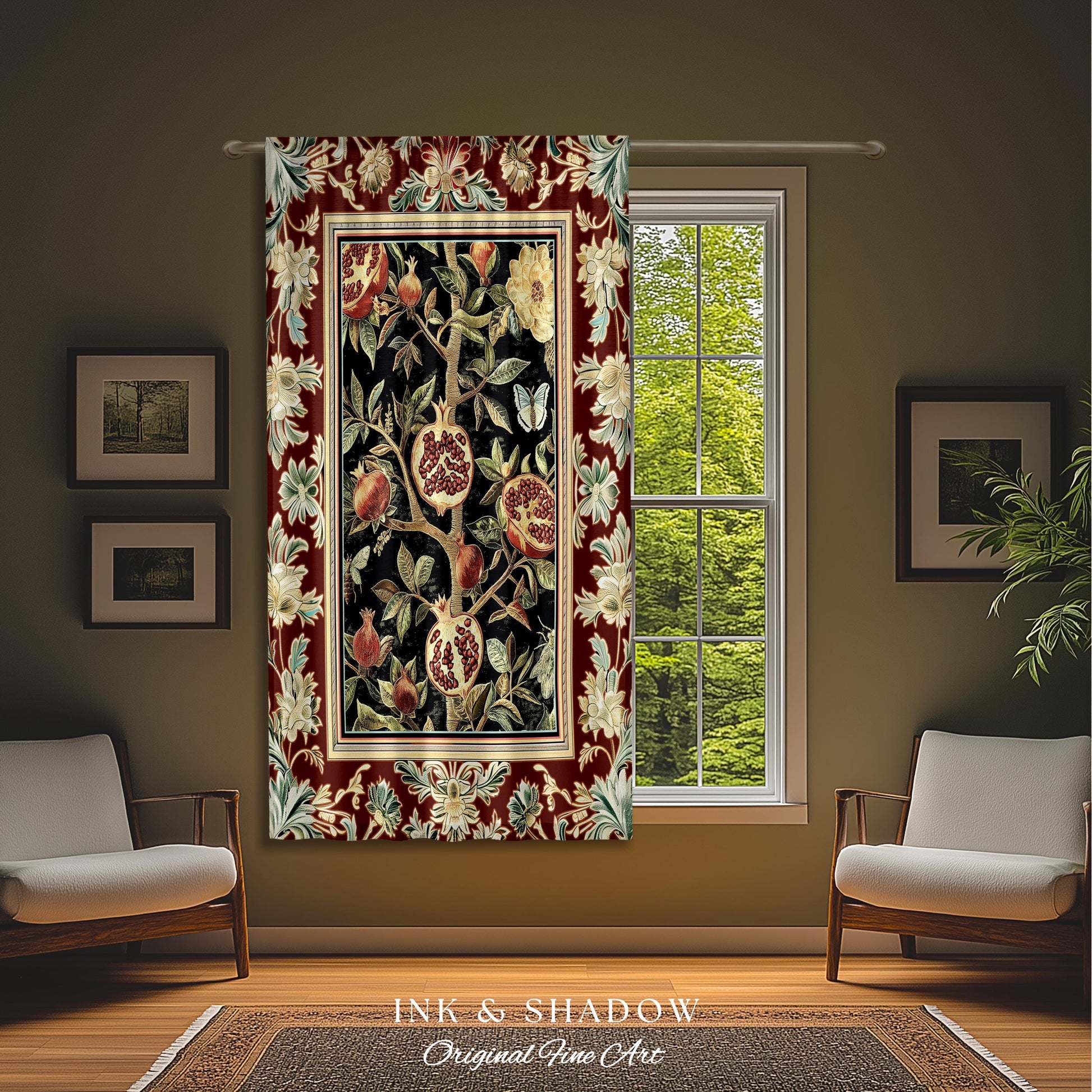 Floral Whimsigoth Vintage Pomegranate Art Nature Curtains Cottagegoth Botanical Baroque Elegance, Medieval Style Forestcore Drapes Whimsical