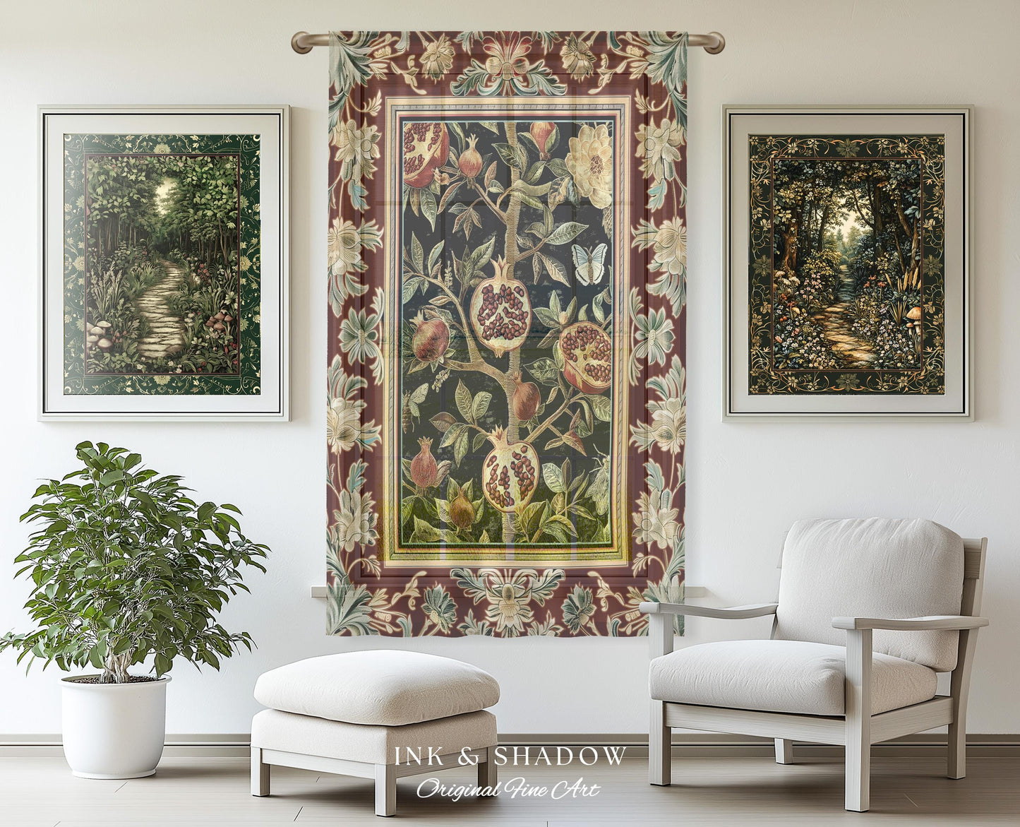 Floral Whimsigoth Vintage Pomegranate Art Nature Curtains Cottagegoth Botanical Baroque Elegance, Medieval Style Forestcore Drapes Whimsical