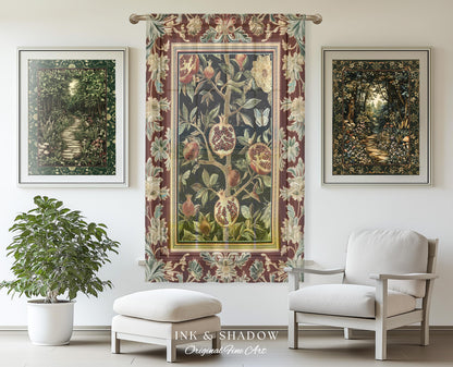 Floral Whimsigoth Vintage Pomegranate Art Nature Curtains Cottagegoth Botanical Baroque Elegance, Medieval Style Forestcore Drapes Whimsical