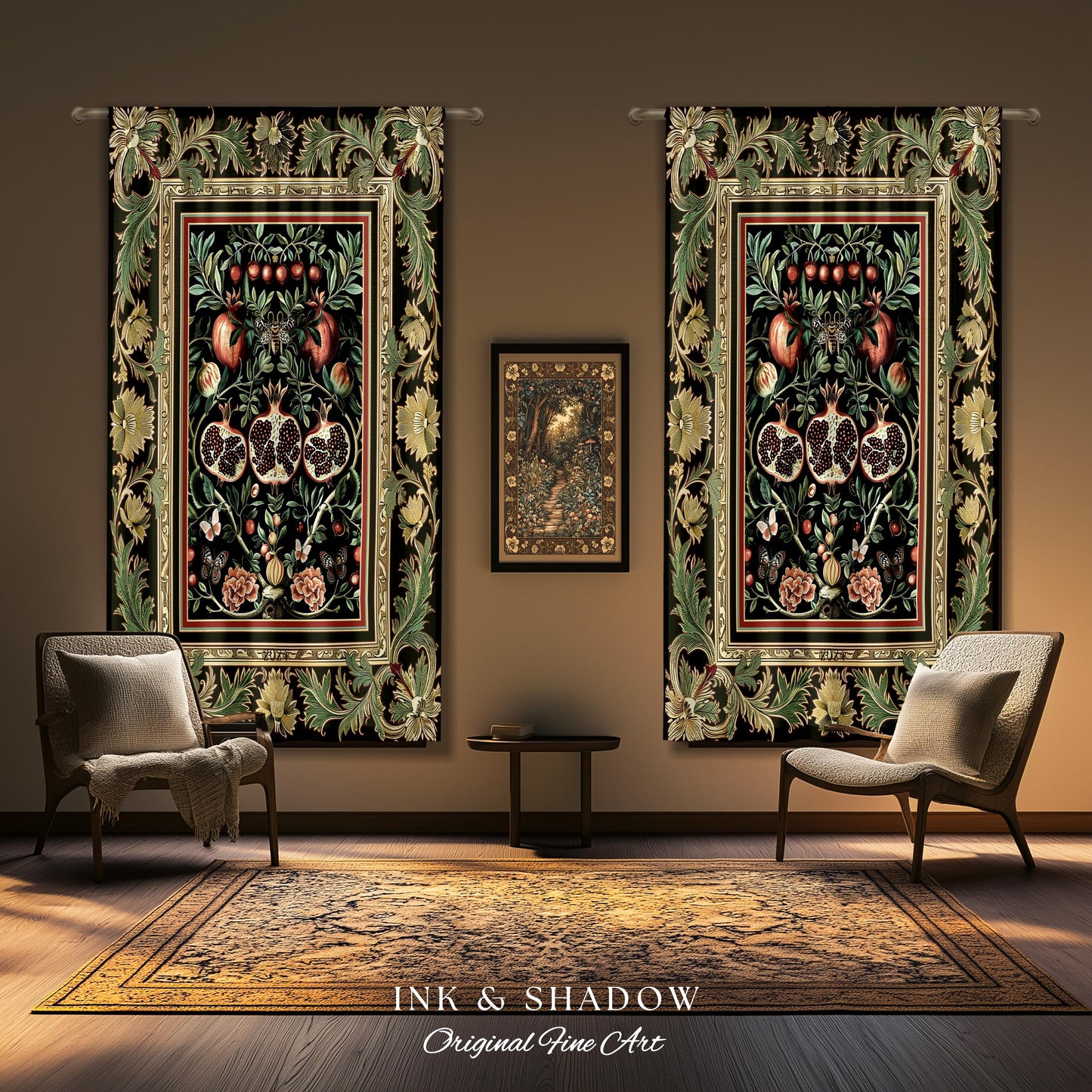Forestcore Moody Maximalism Pomegranate Curtains Earthy Whimsigoth Aesthetic, Floral Fairycore Grunge Medieval Nature Inspired Drapes Gothic