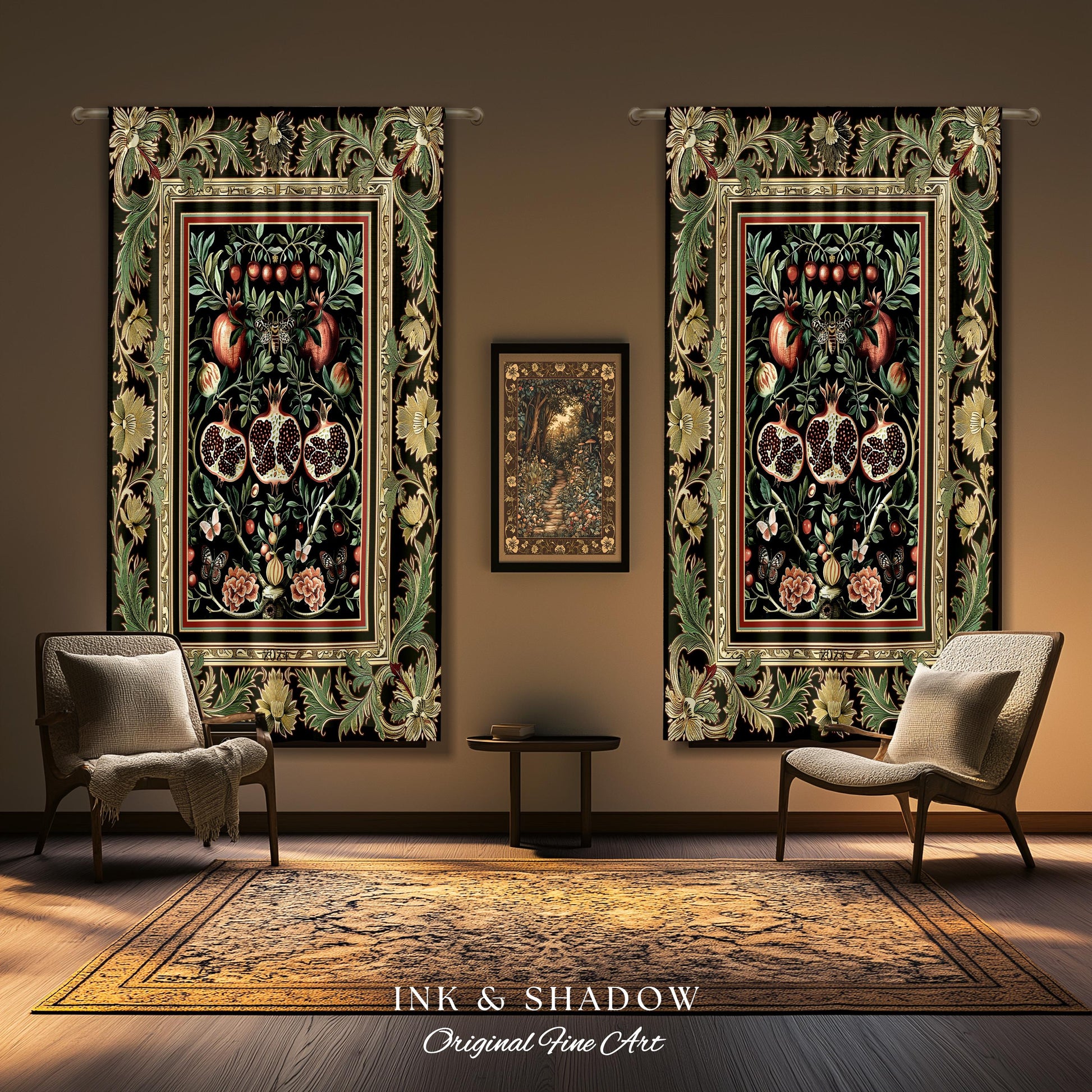 Forestcore Moody Maximalism Pomegranate Curtains Earthy Whimsigoth Aesthetic, Floral Fairycore Grunge Medieval Nature Inspired Drapes Gothic