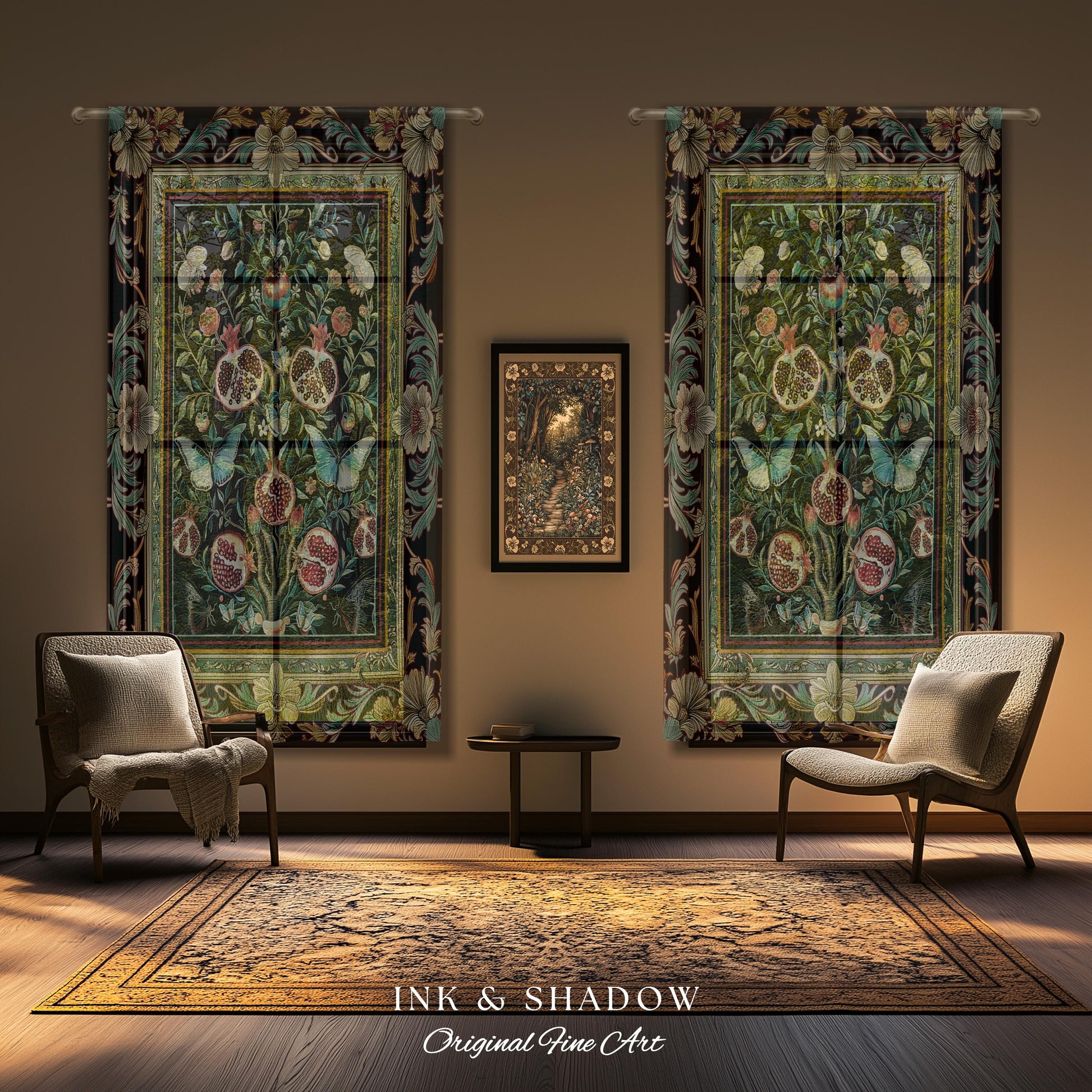 Baroque Botanical Pomegranate Butterfly Curtain Nature Inspired Fairy Forestcore Art, Floral Victorian Gothic Woodland Whimsy Moth Drapes