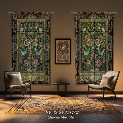 Baroque Botanical Pomegranate Butterfly Curtain Nature Inspired Fairy Forestcore Art, Floral Victorian Gothic Woodland Whimsy Moth Drapes