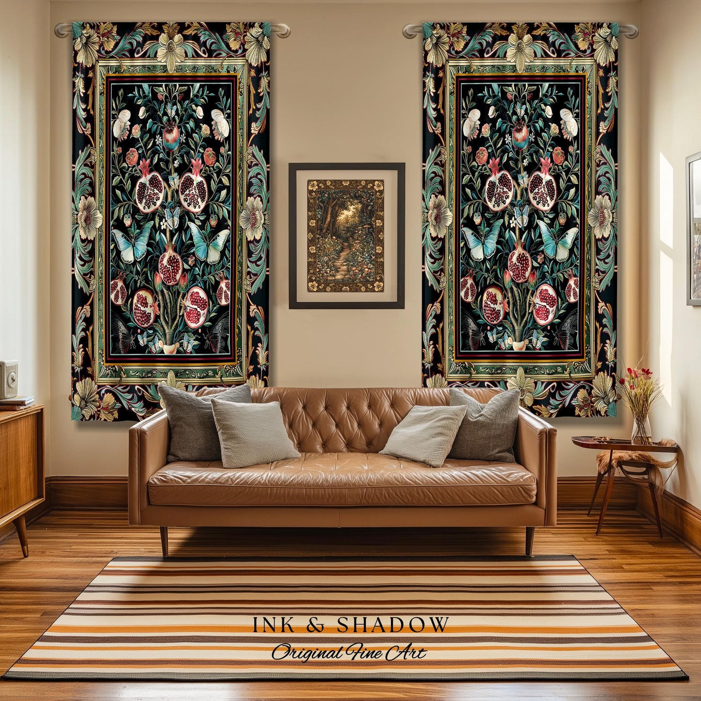 Baroque Botanical Pomegranate Butterfly Curtain Nature Inspired Fairy Forestcore Art, Floral Victorian Gothic Woodland Whimsy Moth Drapes
