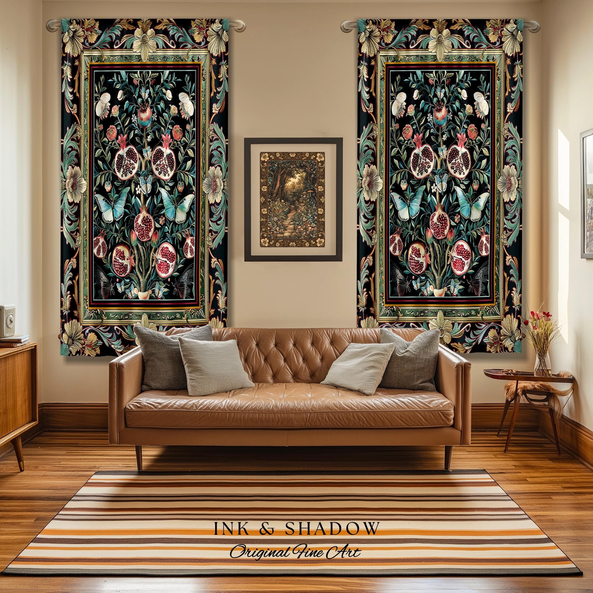 Baroque Botanical Pomegranate Butterfly Curtain Nature Inspired Fairy Forestcore Art, Floral Victorian Gothic Woodland Whimsy Moth Drapes