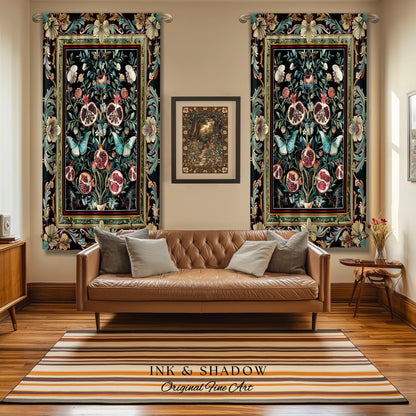 Baroque Botanical Pomegranate Butterfly Curtain Nature Inspired Fairy Forestcore Art, Floral Victorian Gothic Woodland Whimsy Moth Drapes