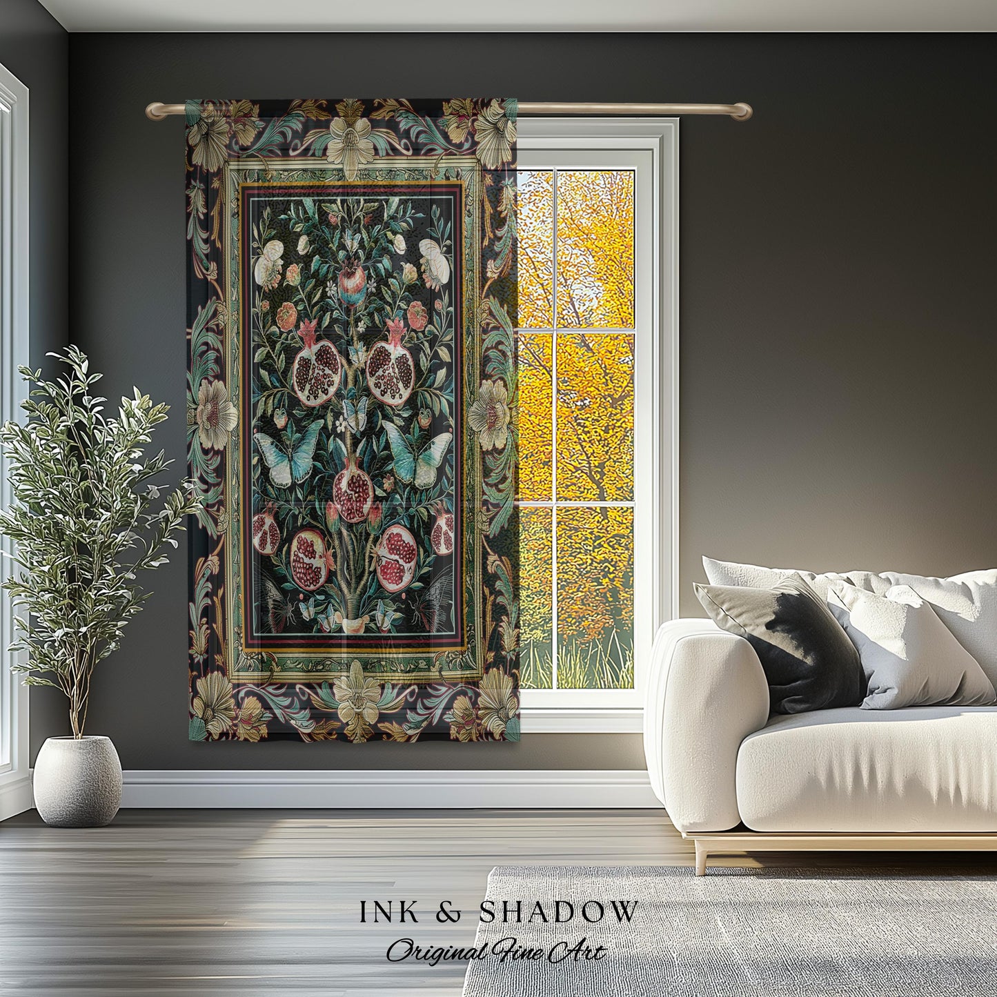 Baroque Botanical Pomegranate Butterfly Curtain Nature Inspired Fairy Forestcore Art, Floral Victorian Gothic Woodland Whimsy Moth Drapes